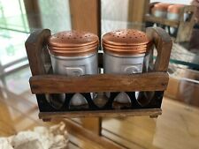 Vintage RARE Aluminum Salt And Pepper Shakers With Wooden Caddy picture