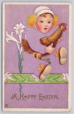 Fantasy Fade Away Happy Easter Child Holds Chicken Embossed Vintage Postcard picture