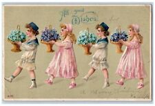 1907 Good Wishes Children Offering Pansies Flowers In Basket Embossed Postcard picture