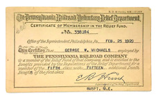 Pennsylvania Railroad Certificate Membership Card in the Relief Fund 1929  e1-55 picture