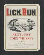 LICK RUN KENTUCKY STRAIGHT CORN WHISKEY ANTIQUE BOTTLE LABEL - UNUSED picture