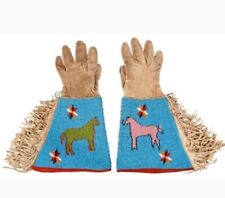 Old American Style Handmade Beaded Leather Gauntlet Gloves GV925 picture