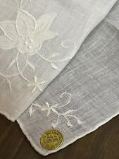NOS 50s 60s Hong Kong MCM Embroidery White Appliqued Handkerchief Floral Flower picture