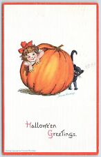 Halloween Greetings Frances Brundage Little Girl Pumpkin Black Cat PM 1915 picture