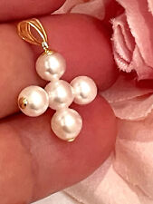 Solid 18k GOLD AAAA Akoya White Pearl Necklace Pendant Cross  Natural Sea  Pearl picture