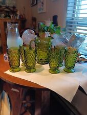 Indiana Glass Whitehall Avocado Green Cubist Pitcher & 6 Glasses 14oz COOLERS picture