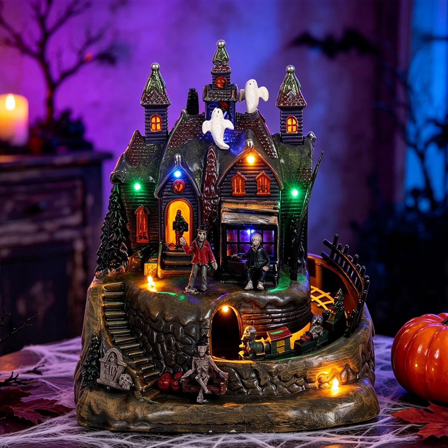 Haunted Halloween Village House with Animated Train, Sound, Light Lighted Haunted Halloween Village House with Animated Train, Sound, Light Lighted