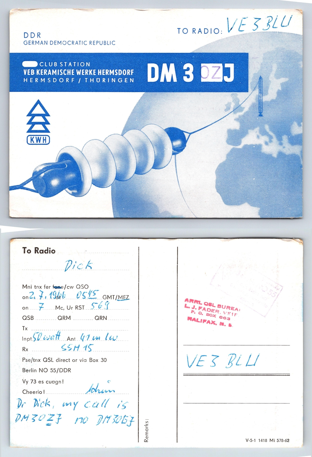 Ham Radio QSL QSO Postcard DM3OZJ, Hermsdorf, Thüringen, Germany