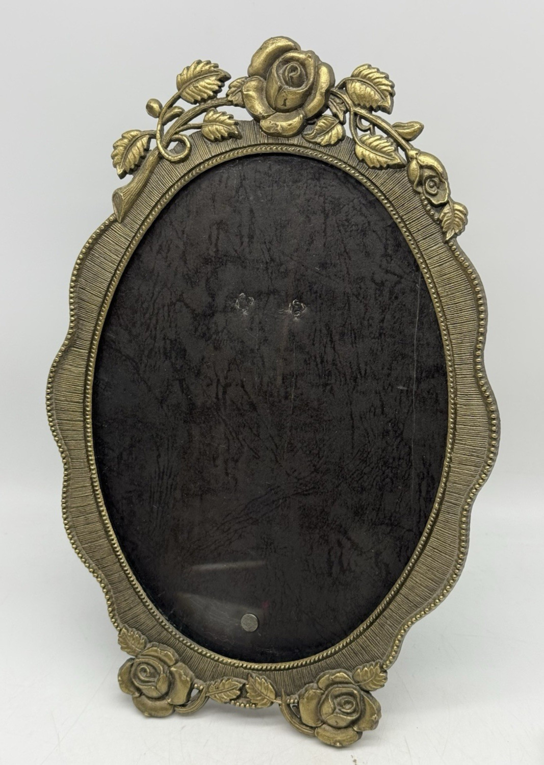 Vintage Fancy Victorian Roses Oval Metal Photo Picture Frame Ornate READ