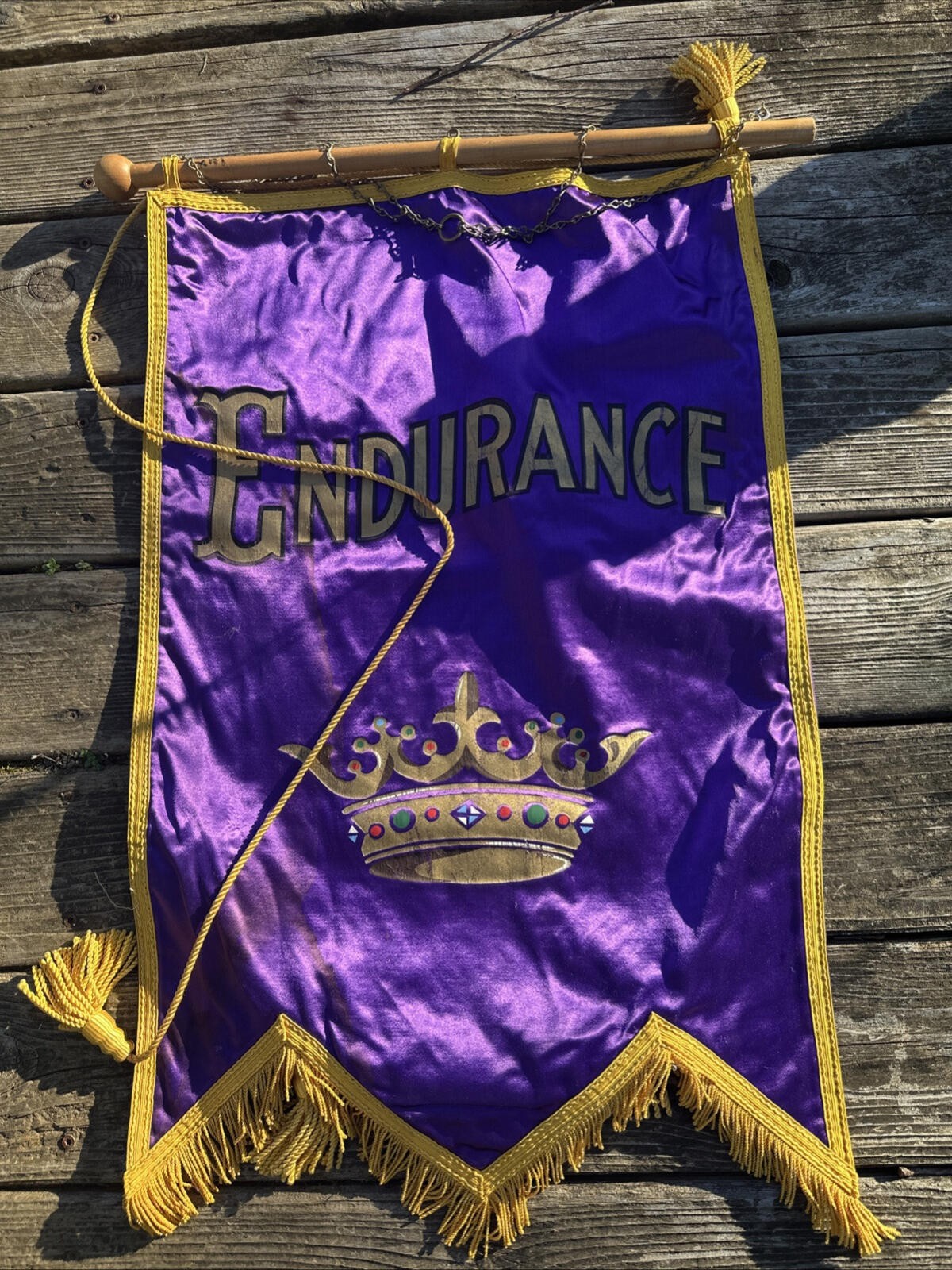 Antique IOOF Odd Fellows Banner Silk  Folk Art Fraternal ENDURANCE Crown
