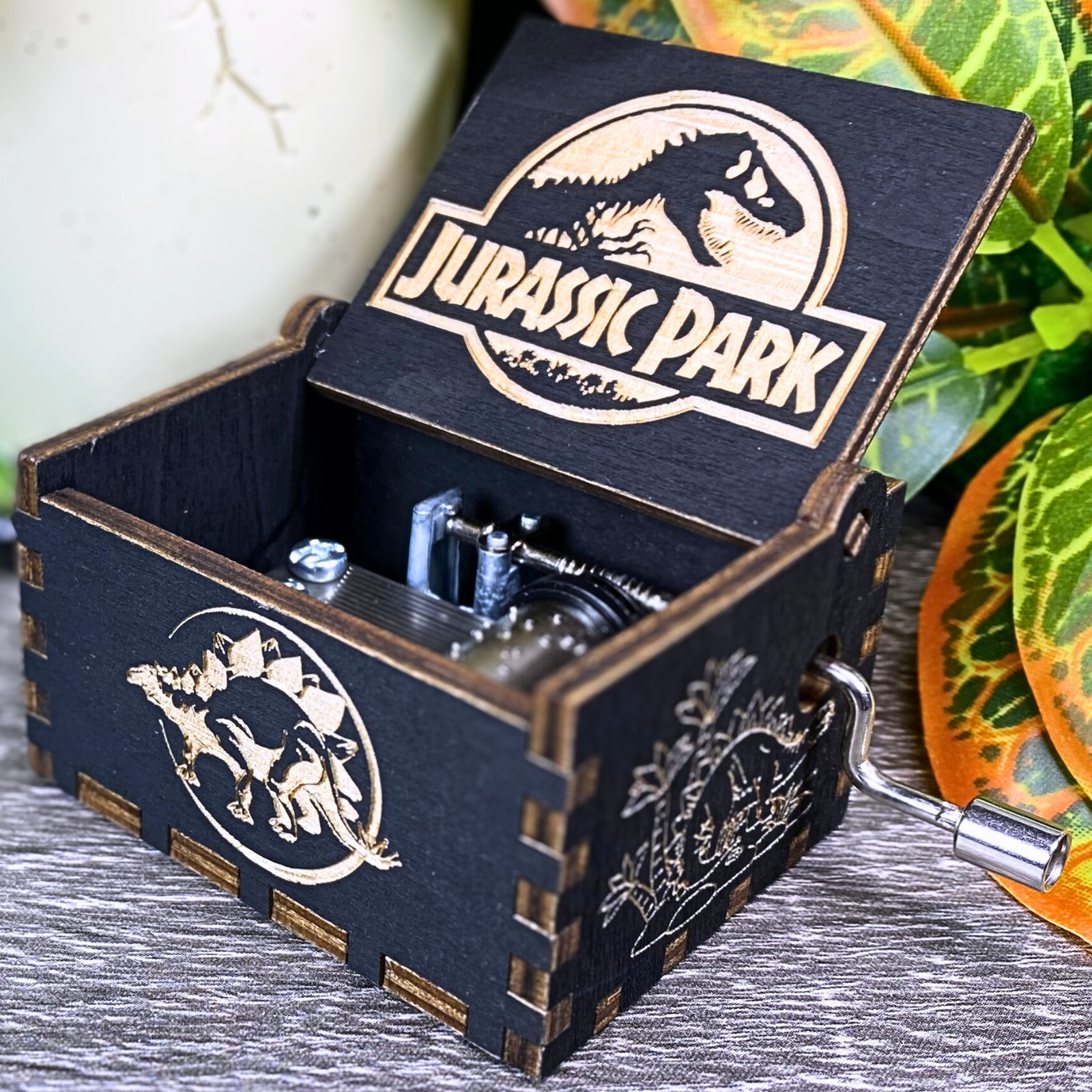 BLACK Jurassic Park Music Box Handcrafted Carved Wood Custom Designed Theme Song