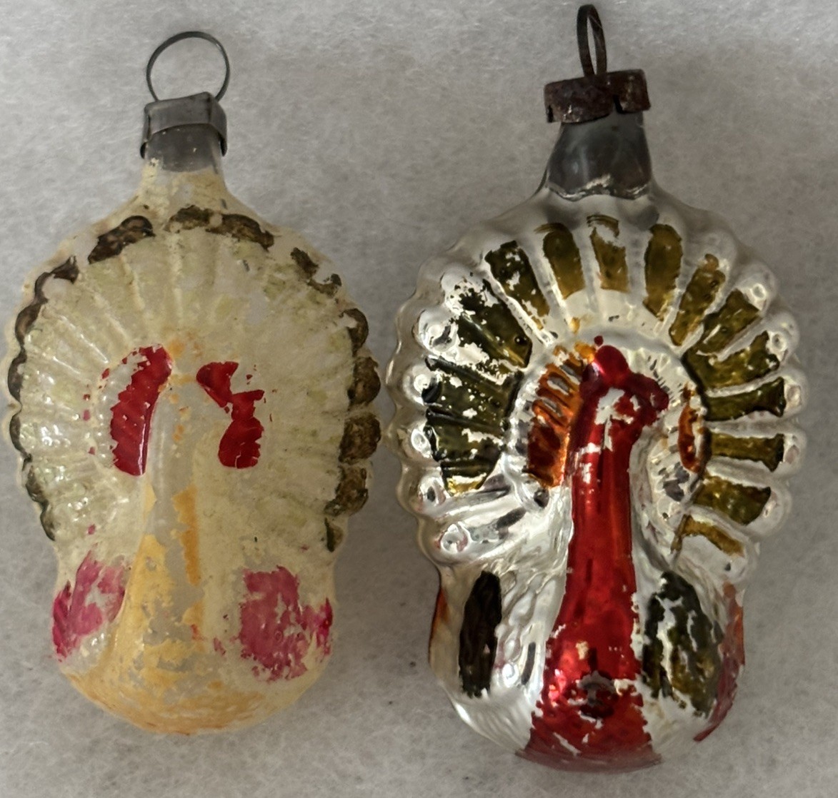 2 W German PEACOCK Ornament 2.25” Unsilvered Glass & 2.5” Silvered or Mercury