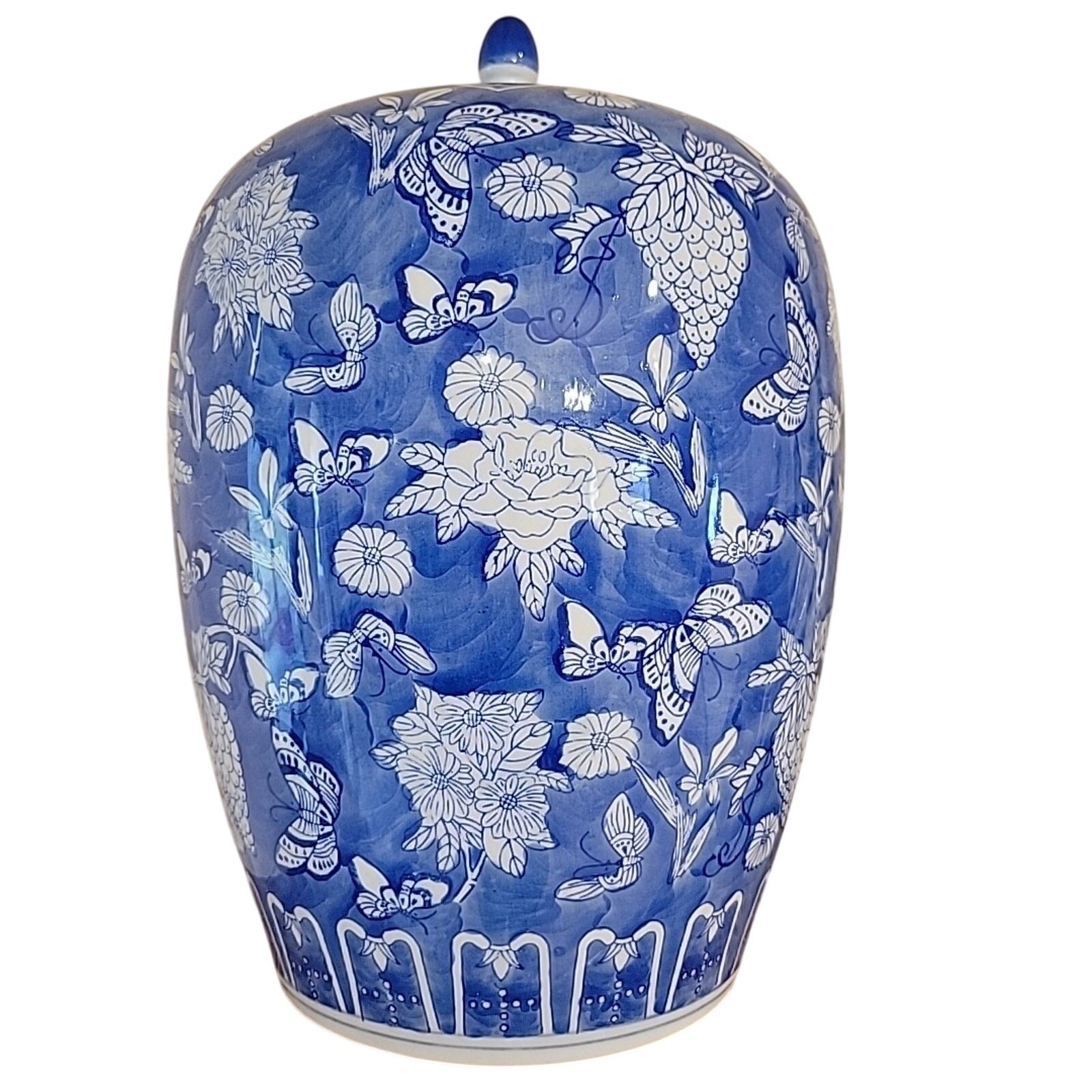 Vintage Chinese Chinoiserie Porcelain Melon Ginger Jar Blue & White Lidded 14x9”