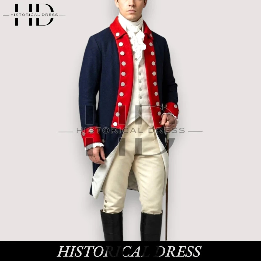 British Colonial American Revolution Officer Coat Navy Blue Wool Men Frock coat