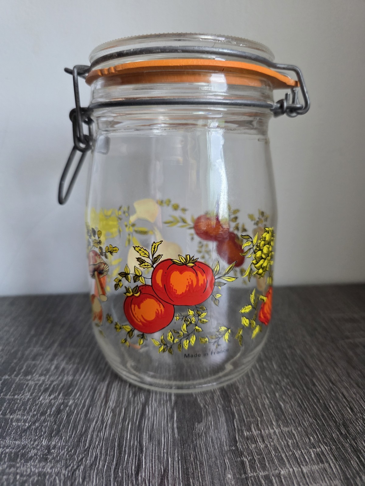 Vtg 1970s France 1 L Liter Glass Canister Jar Veggies Mushrooms Onions Hinged Vtg 1970s France 1 L Liter Glass Canister Jar Veggies Mushrooms Onions Hinged