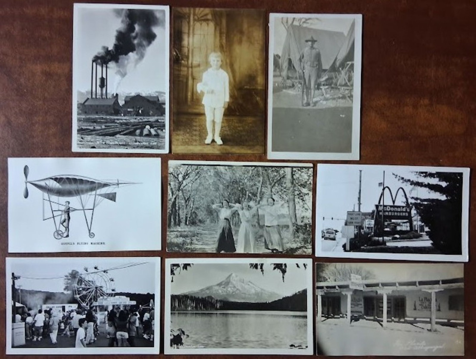 9 RPPC LOT - FLYING MACHINE / RANDOLPH N.J. / McDONALD's / U.S. MARINE +