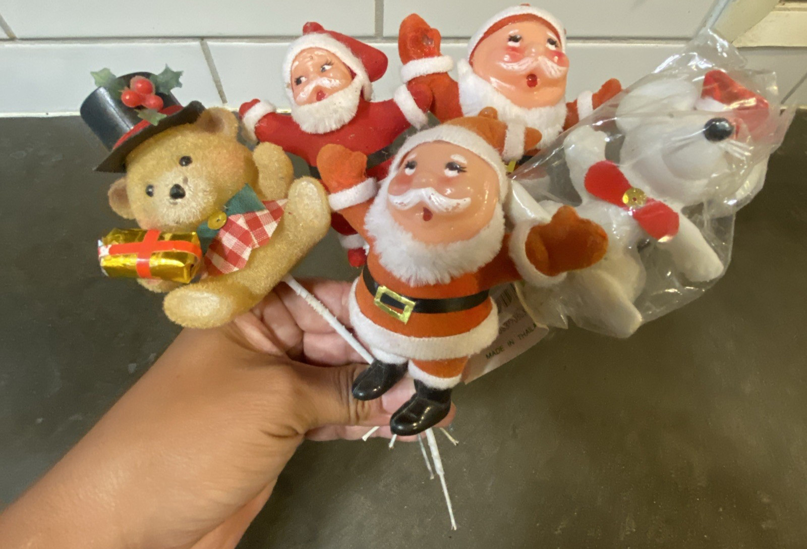 Vintage Christmas Flocked Santa, Teddy Bear, Mouse Lot of 5 On Floral Picks Vintage Christmas Flocked Santa, Teddy Bear, Mouse Lot of 5 On Floral Picks