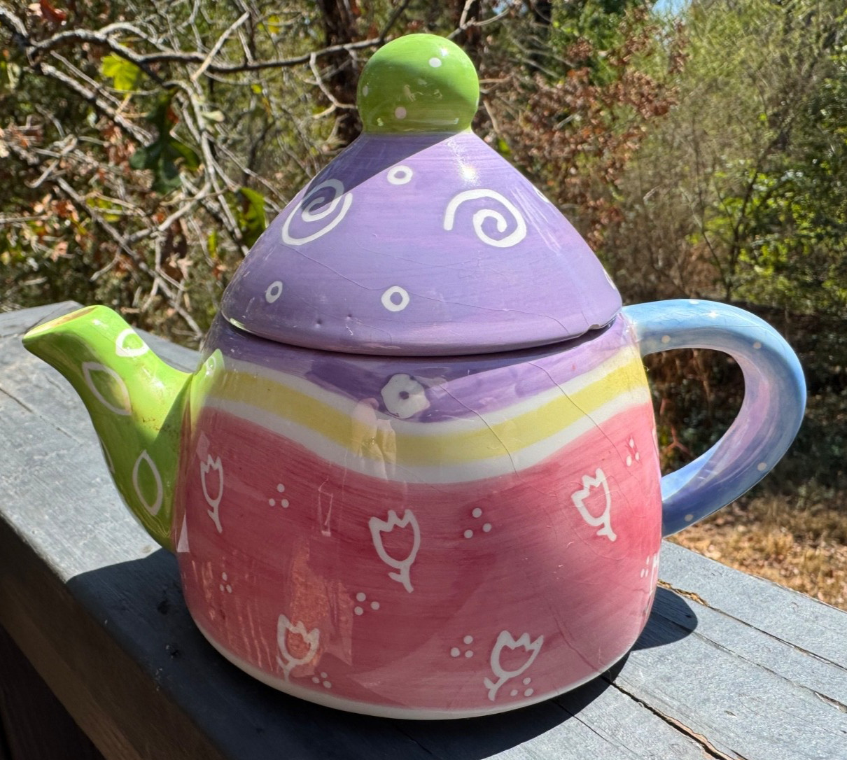 Vintage 90s Whimsical Pastel Ceramic Teapot – Hand Painted Tulips & Swirls, Flaw