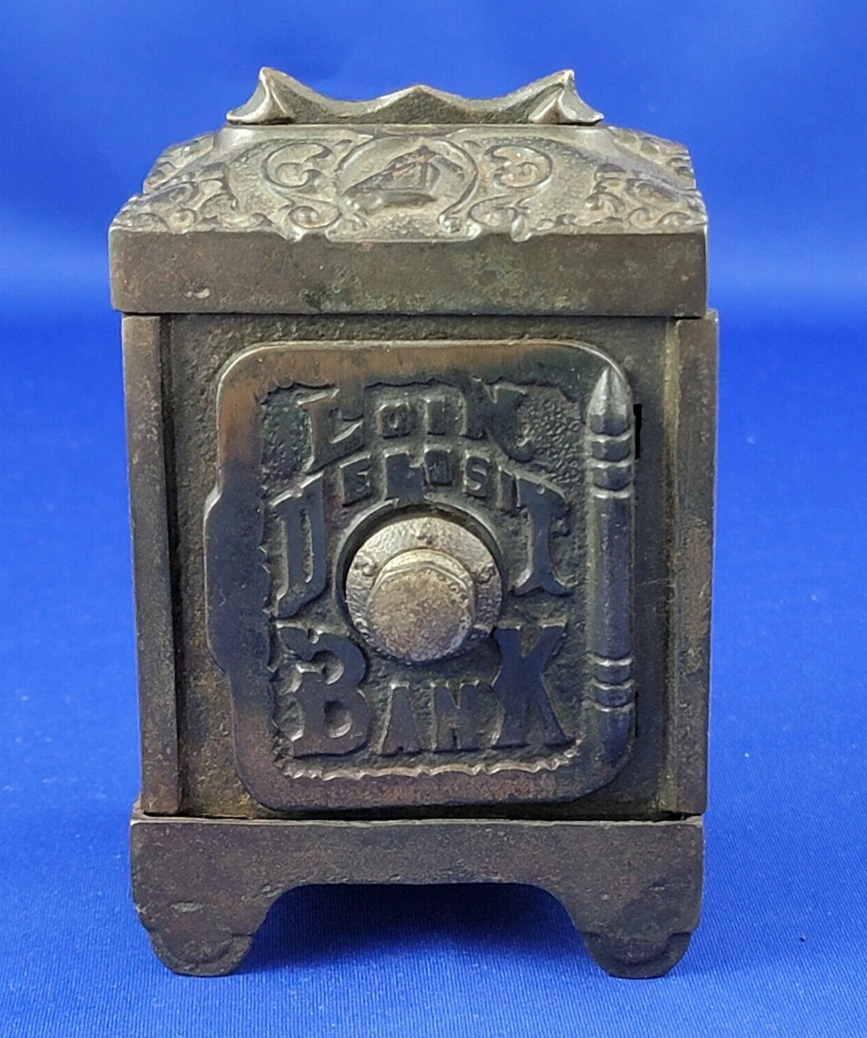 Antique Tin & Cast Iron Cracked Open Combination Safe Coin Deposit Bank ca 1900