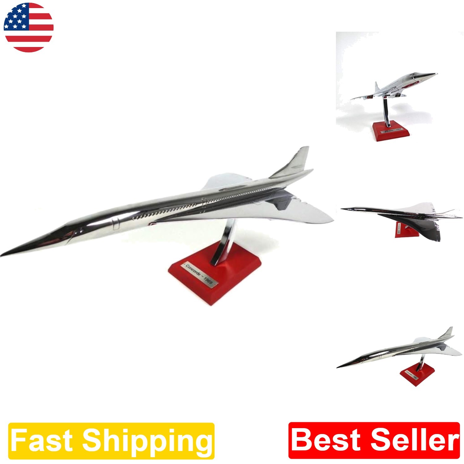 Concorde 1969 Silver Chrome Airplane 1:200 Scale 30cm Supersonic Jet Model