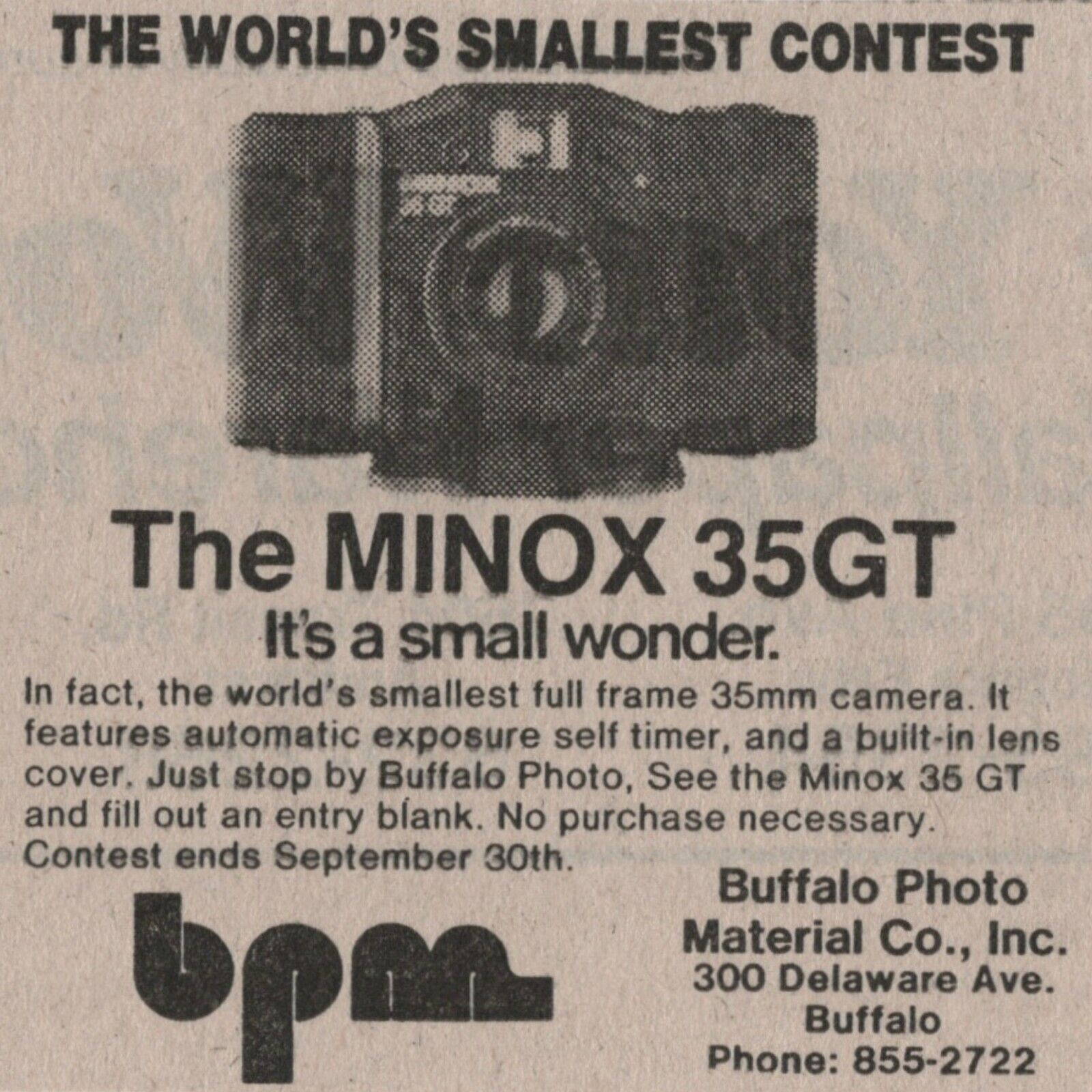 Vtg 1982 Buffalo Photo Material Co Newspaper Clipping Ad Minox 35 GT Film Camera