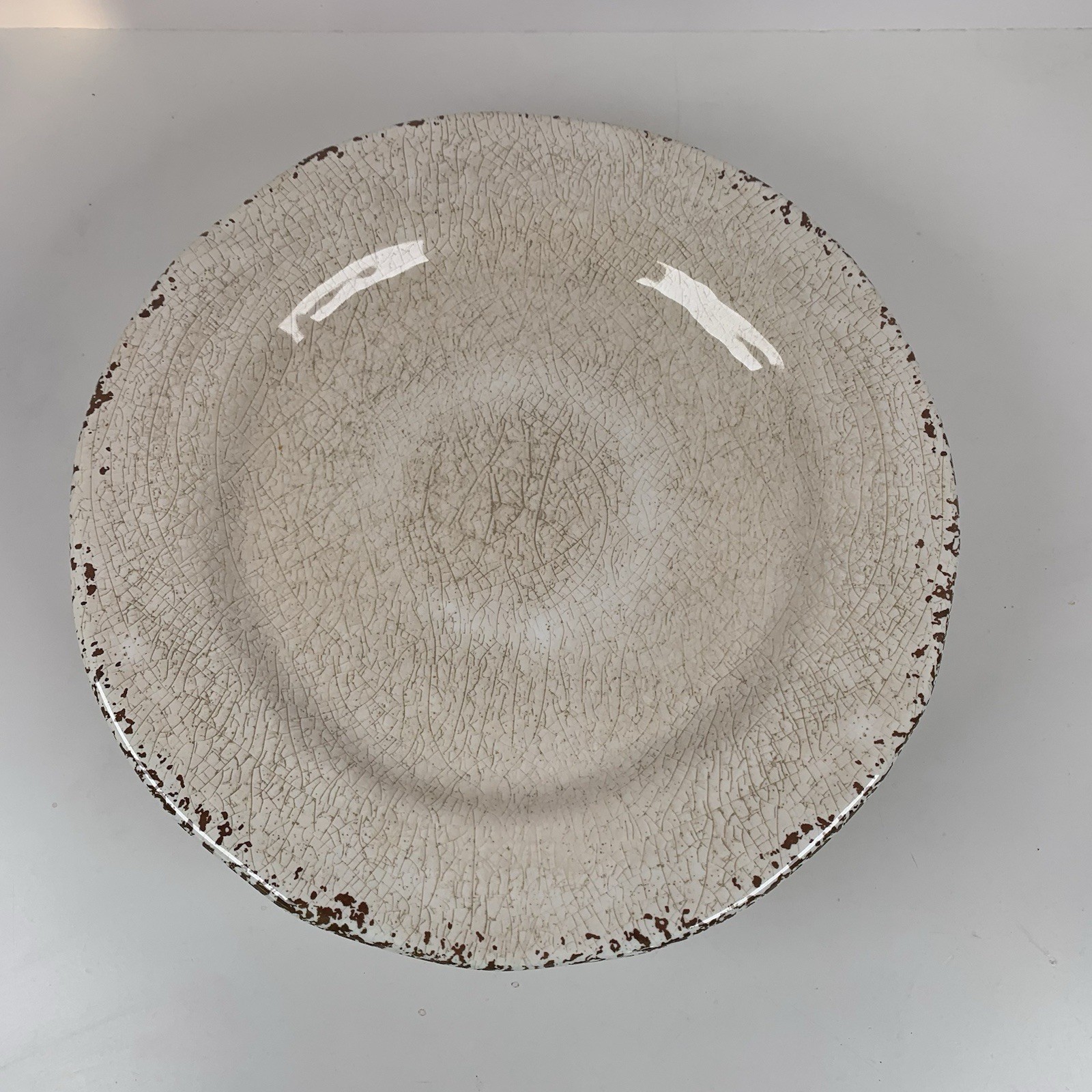(10) Pier 1 Cream Brown Carmelo Melamine 11” Dinner Plates Crackle Finish
