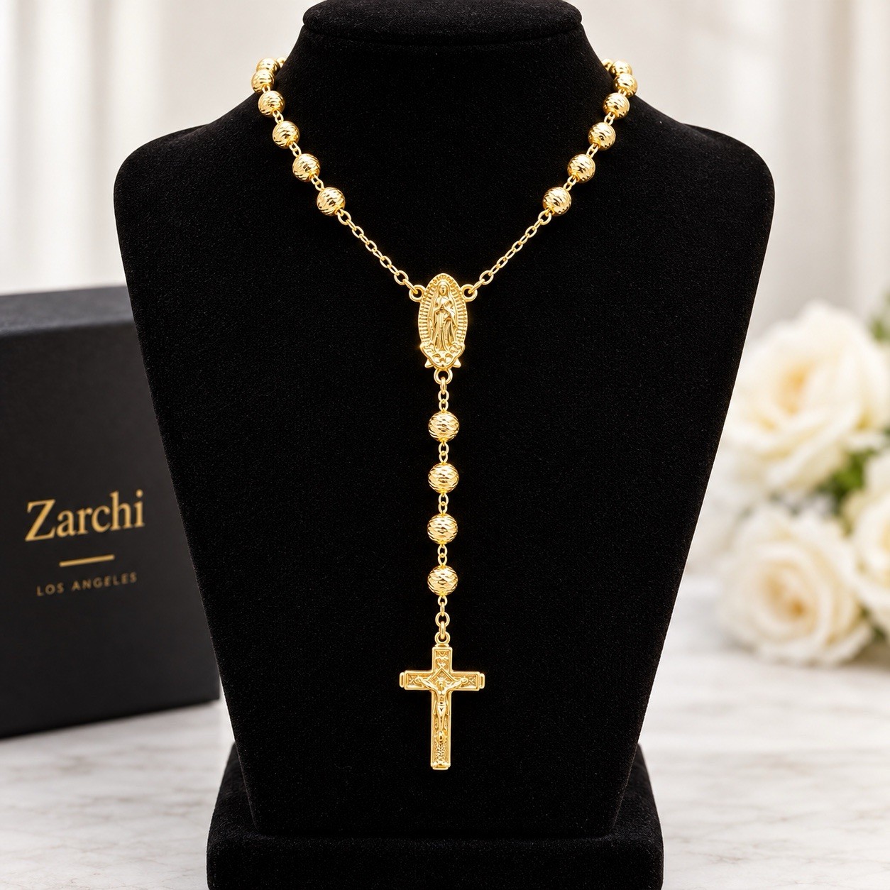 Rosary Necklace 14k Gold Plated Beaded Guadalupe& Jesus Cross Rosary Necklace 14k Gold Plated Beaded Guadalupe& Jesus Cross