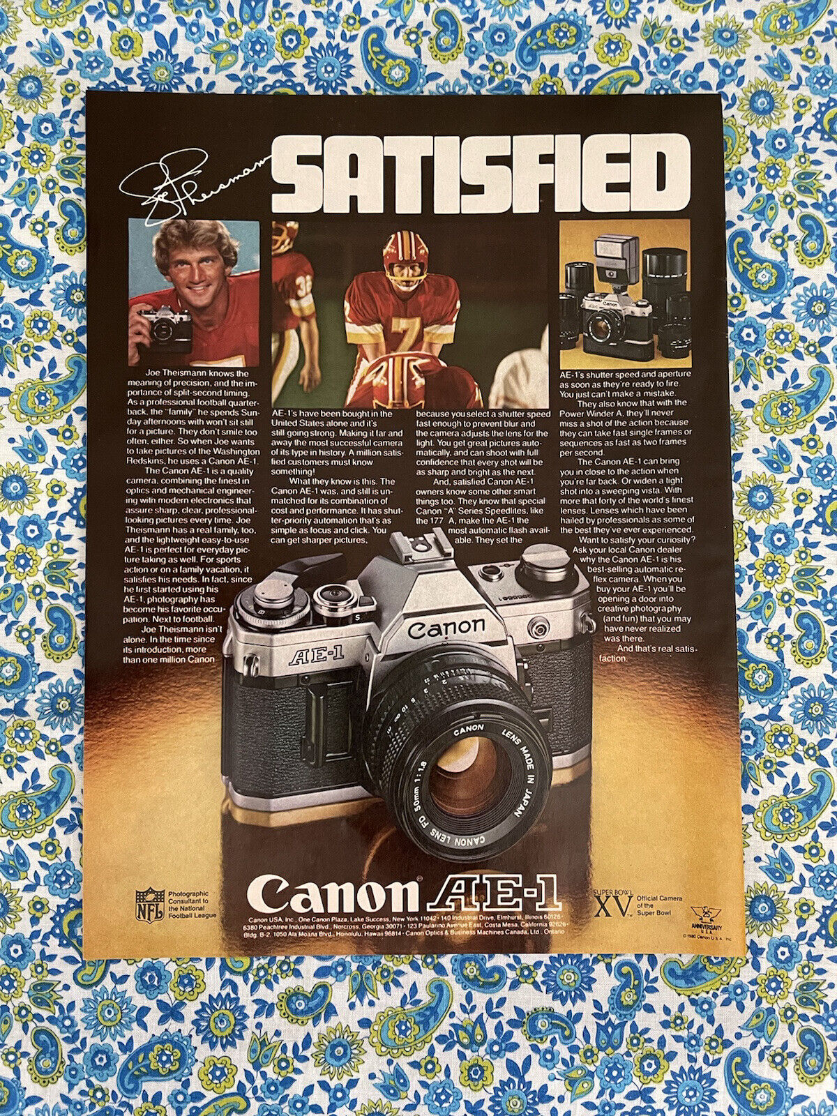 Vintage 1980 Canon AE 1 Camera Print Ad Joe Theismann