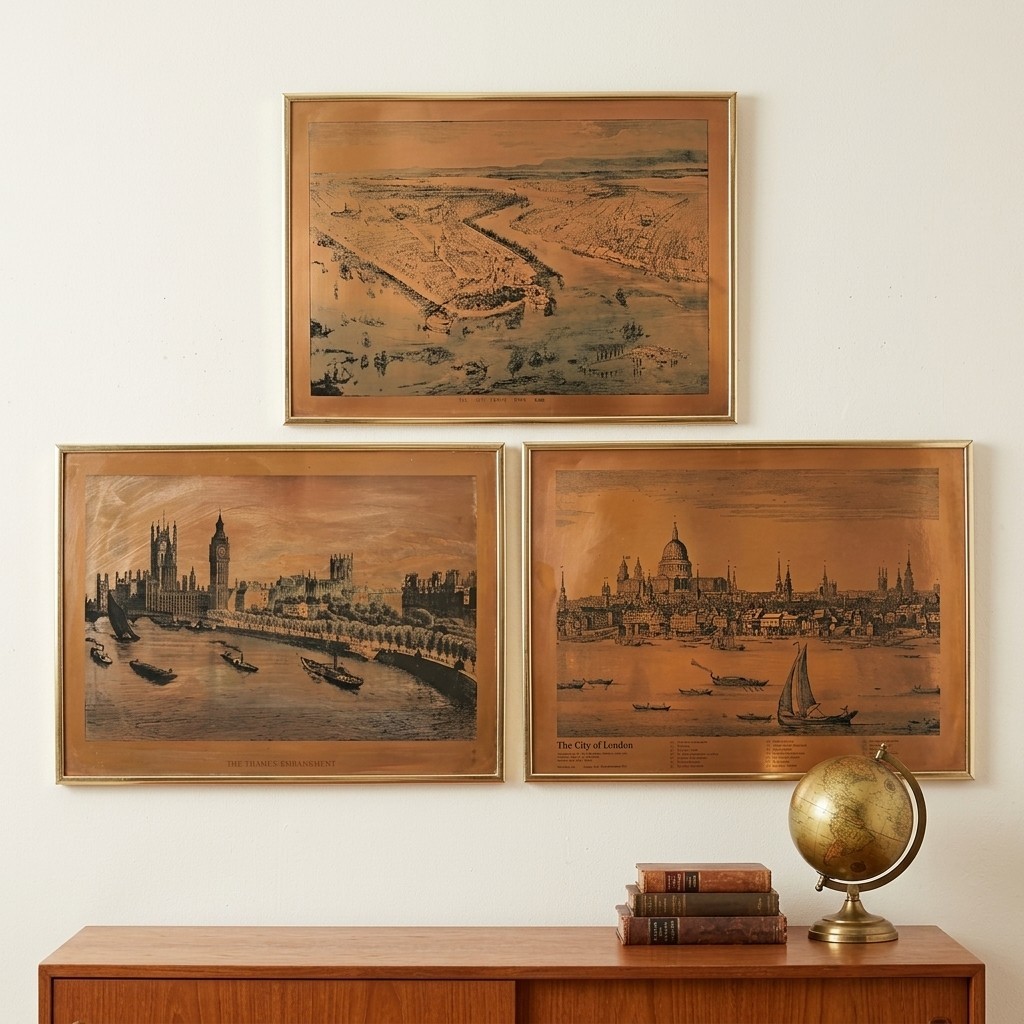 Set of 3 VTG Mid-Century Copper Foil Art Panoramas London & NYC Gold Tone Frame