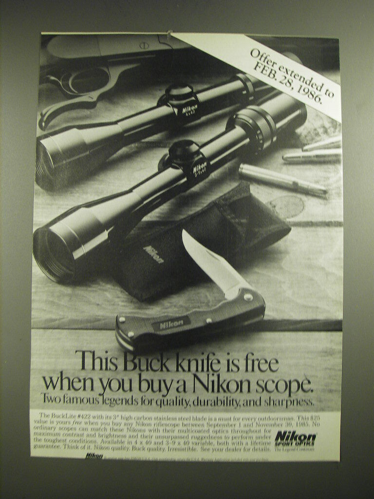 1985 Nikon Riflescopes and BuckLite 422 Knife Advertisement