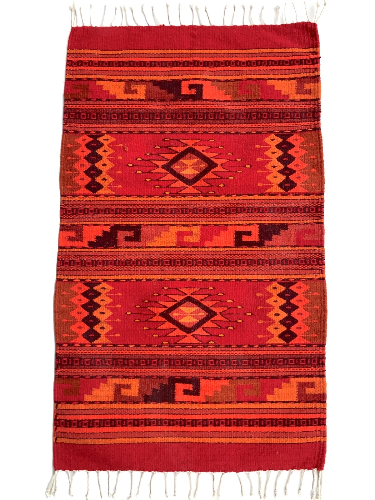 Woven Red Wool Rug : Zapotec Hand Loomed Geometric 23x40  Inches