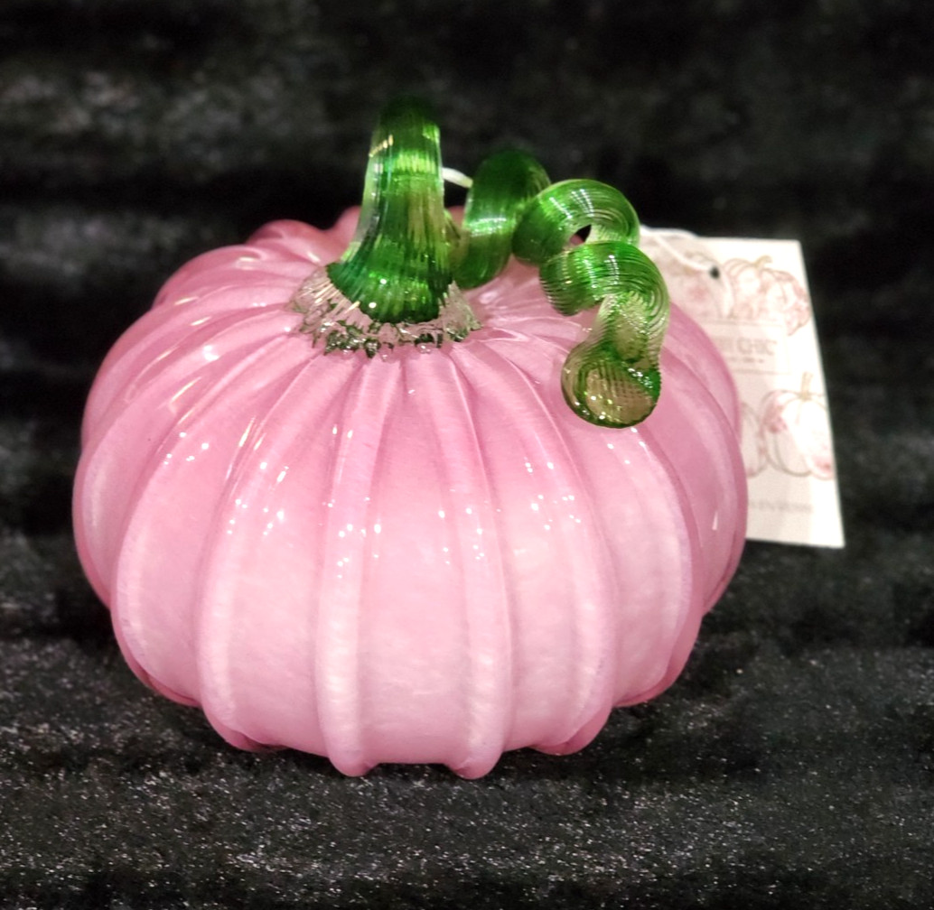 Shabby Chic Hand Blown Art Glass Pink Pumpkin Green Stem 6x8 Fall Pinkoween Deco