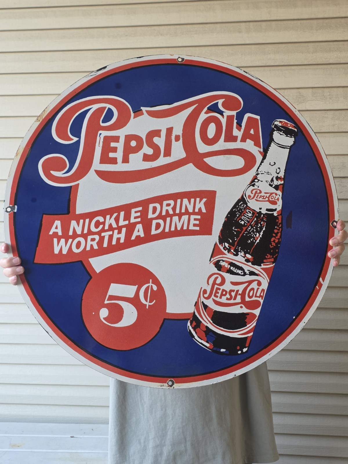 VINTAGE HUGE PEPSI-COLA 5 CENTS PORCELAIN  SIGN 29