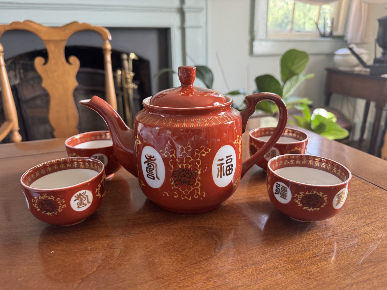 Rare Datong Cigi Fushow Wujiang Coral Red Porcelain Serving Set With 6 Cups