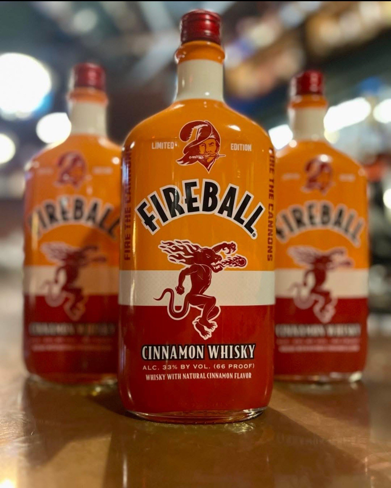 Limited Edition Tampa Bay Buccaneers 50th Anniversary Fireball Bottle (empty). Limited Edition Tampa Bay Buccaneers 50th Anniversary Fireball Bottle (empty).