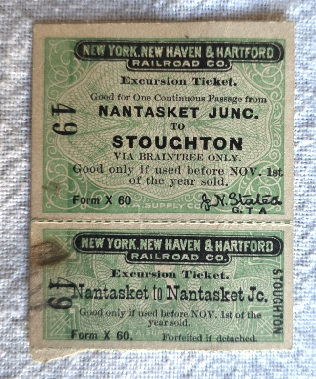1895 New Haven RR Nantasket Stoughton MA Excursion Ticket Early Electric Era 1895 New Haven RR Nantasket Stoughton MA Excursion Ticket Early Electric Era