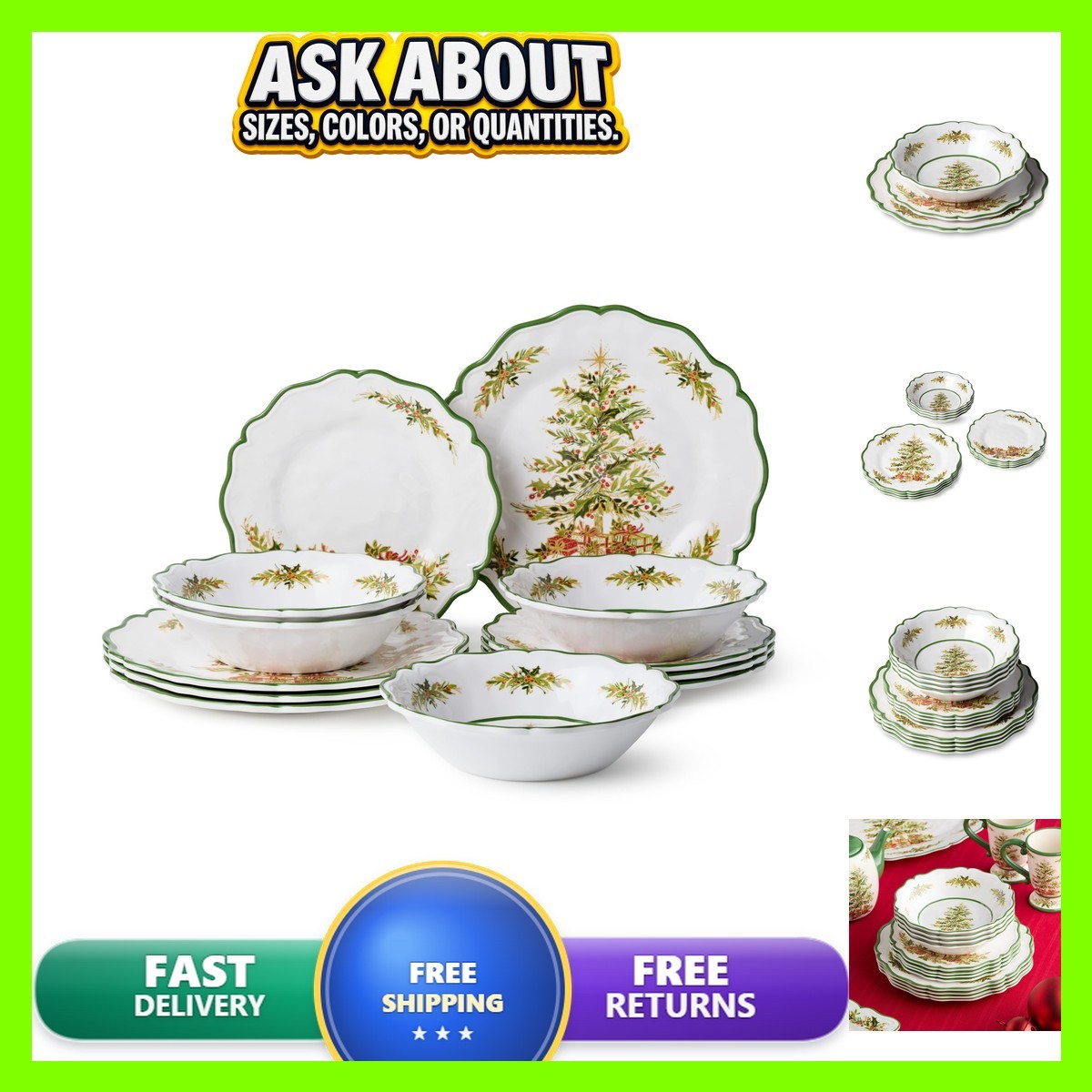 Holly Tree 12pc Melamine Dinnerware Set Plates Bowls Christmas 88994