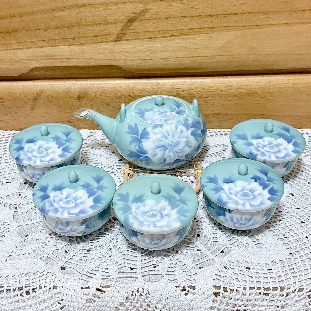 Japanese Vtg Arita Ware Tea Set w/box Fukagawa Seiji White Peony Pattern