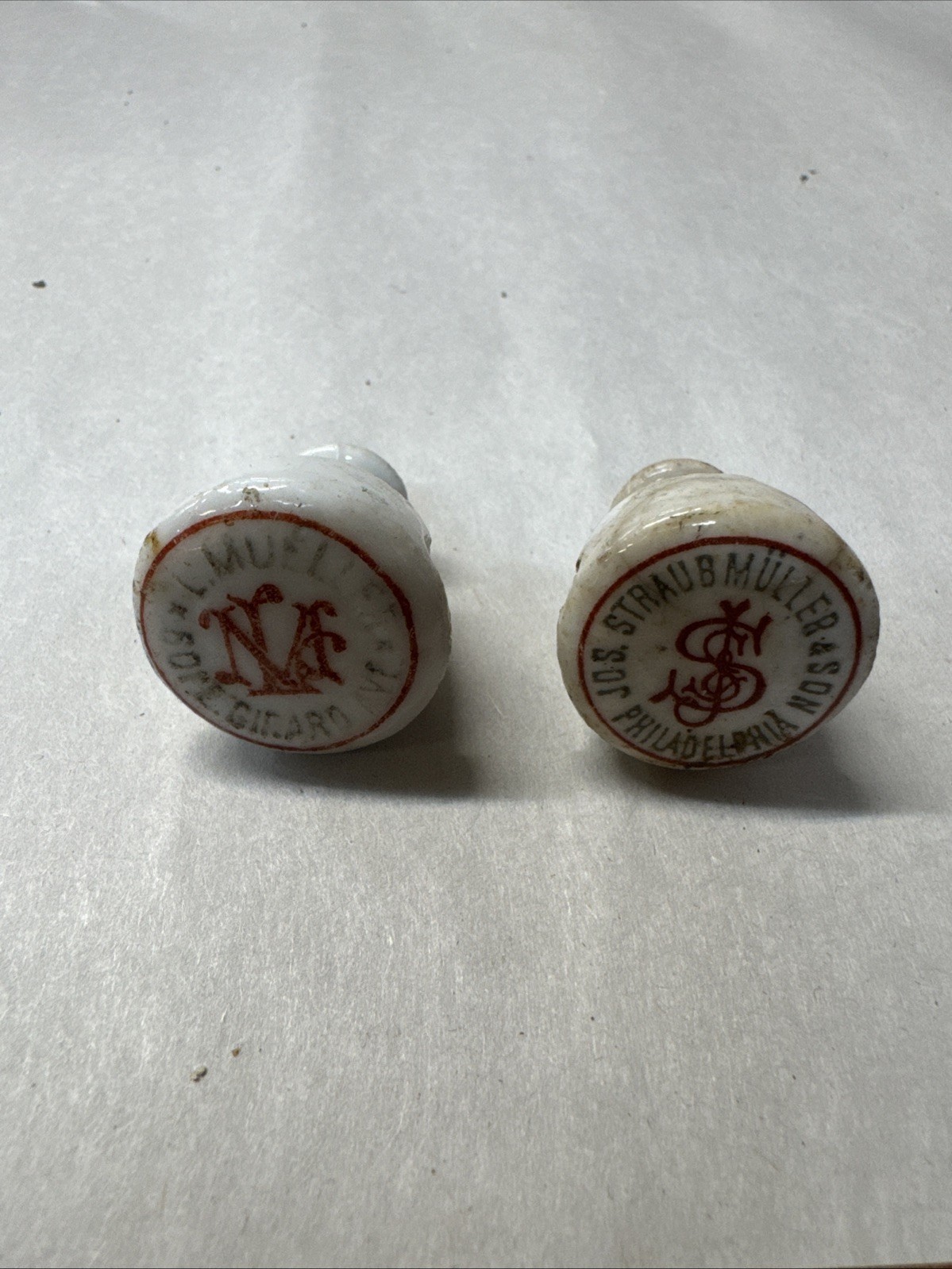 2 Pre-Prohibition Straub Muller Philadelphia Porcelain Beer Bottle Stoppers 2 Pre-Prohibition Straub Muller Philadelphia Porcelain Beer Bottle Stoppers