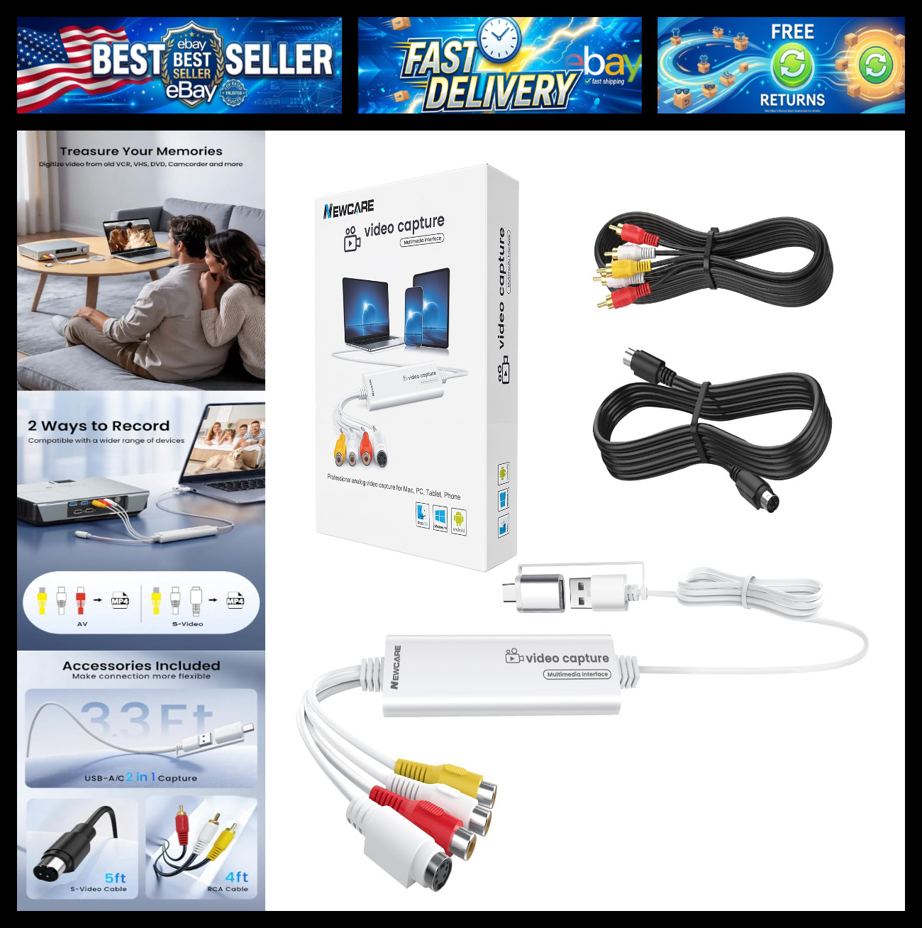 VHS to Digital Converter, 3.3ft USB Video Capture Card USB-A/Type-C 2-in-1