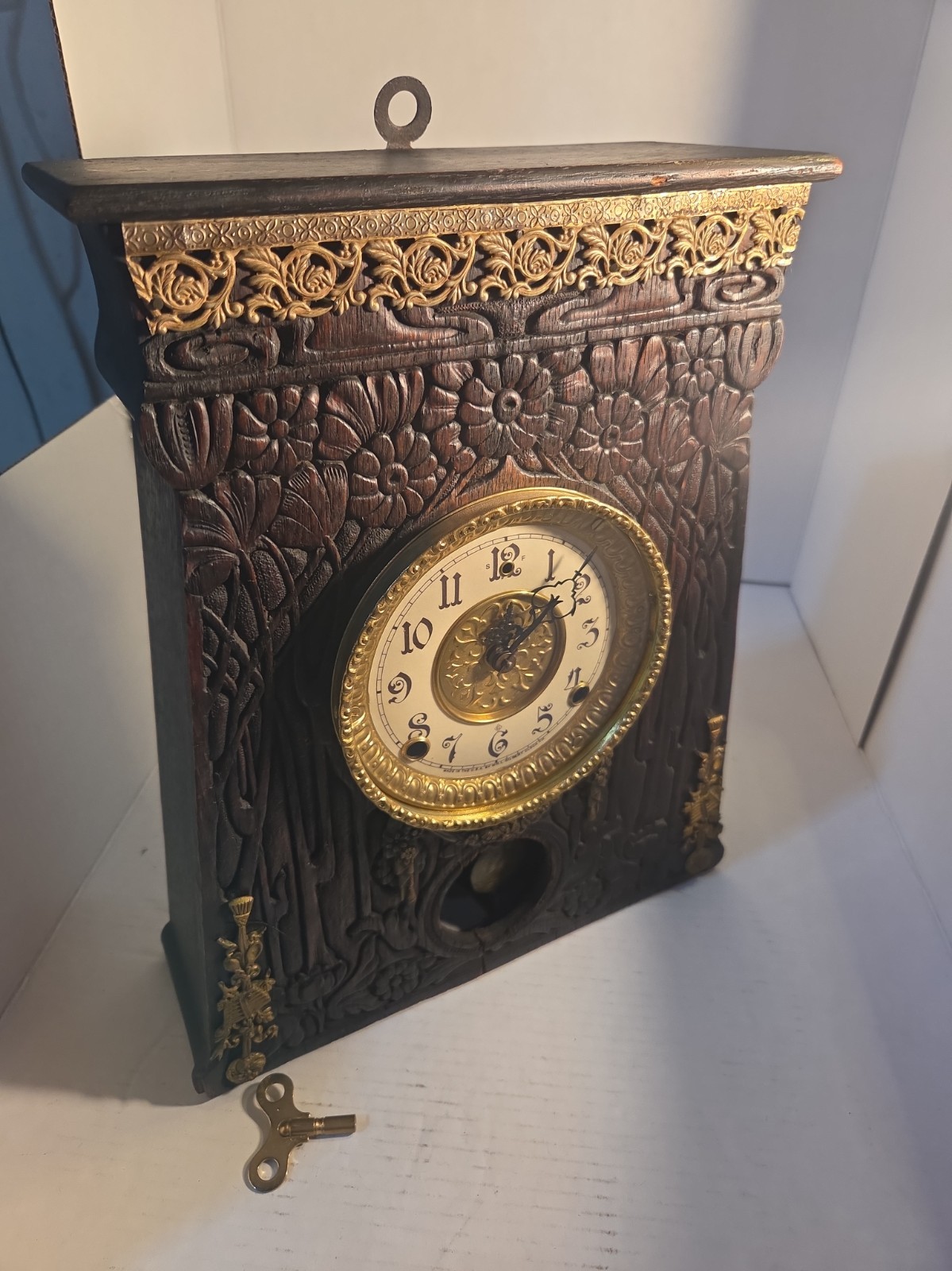 Antique c1900 Wm L Gilbert Mantel Clock, time strike pendulum key working Ornate Antique c1900 Wm L Gilbert Mantel Clock, time strike pendulum key working Ornate