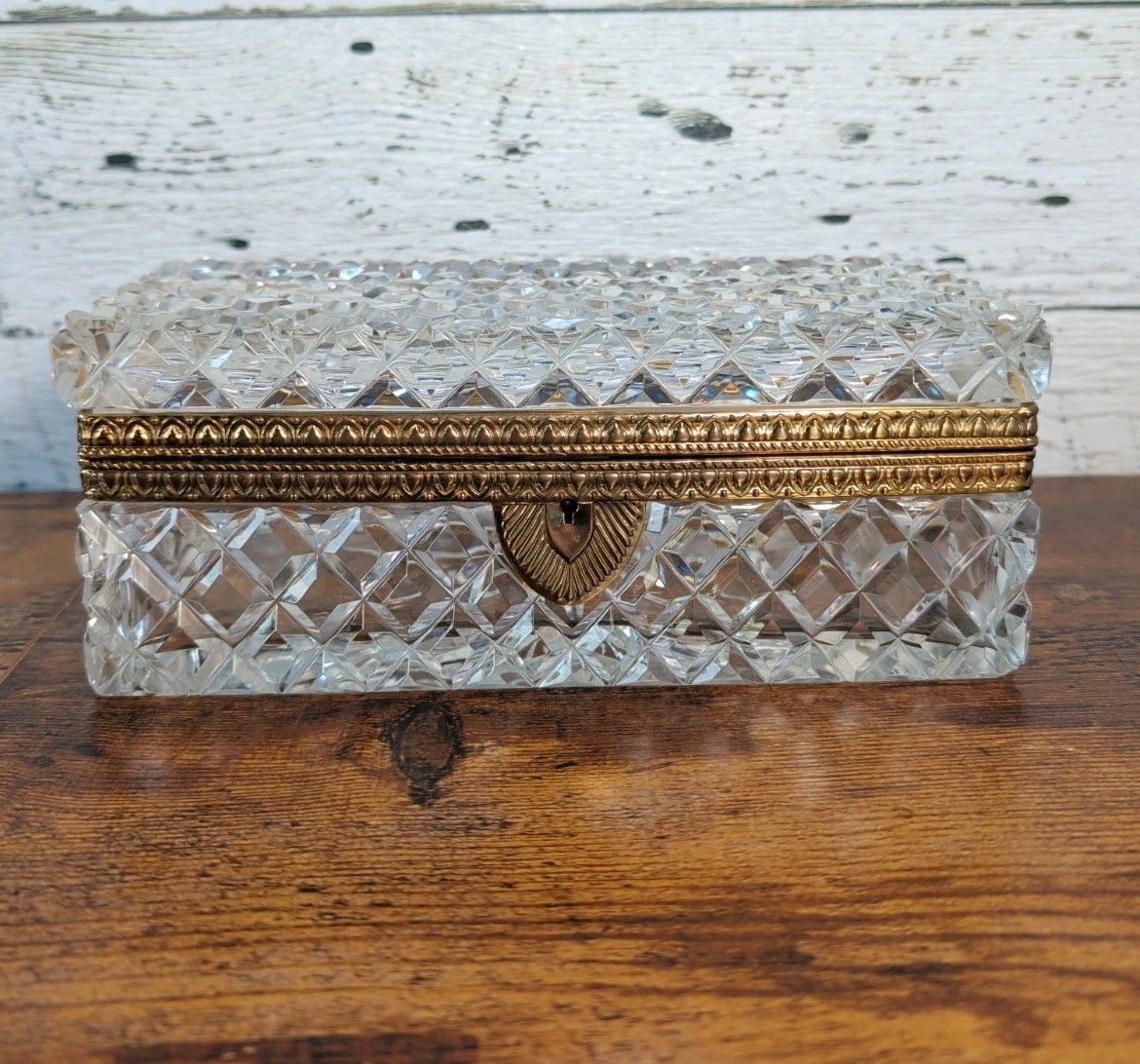 LG Antique French Baccarat Heavy Cut Glass Jewelry Casket Ormolu Box 8.5