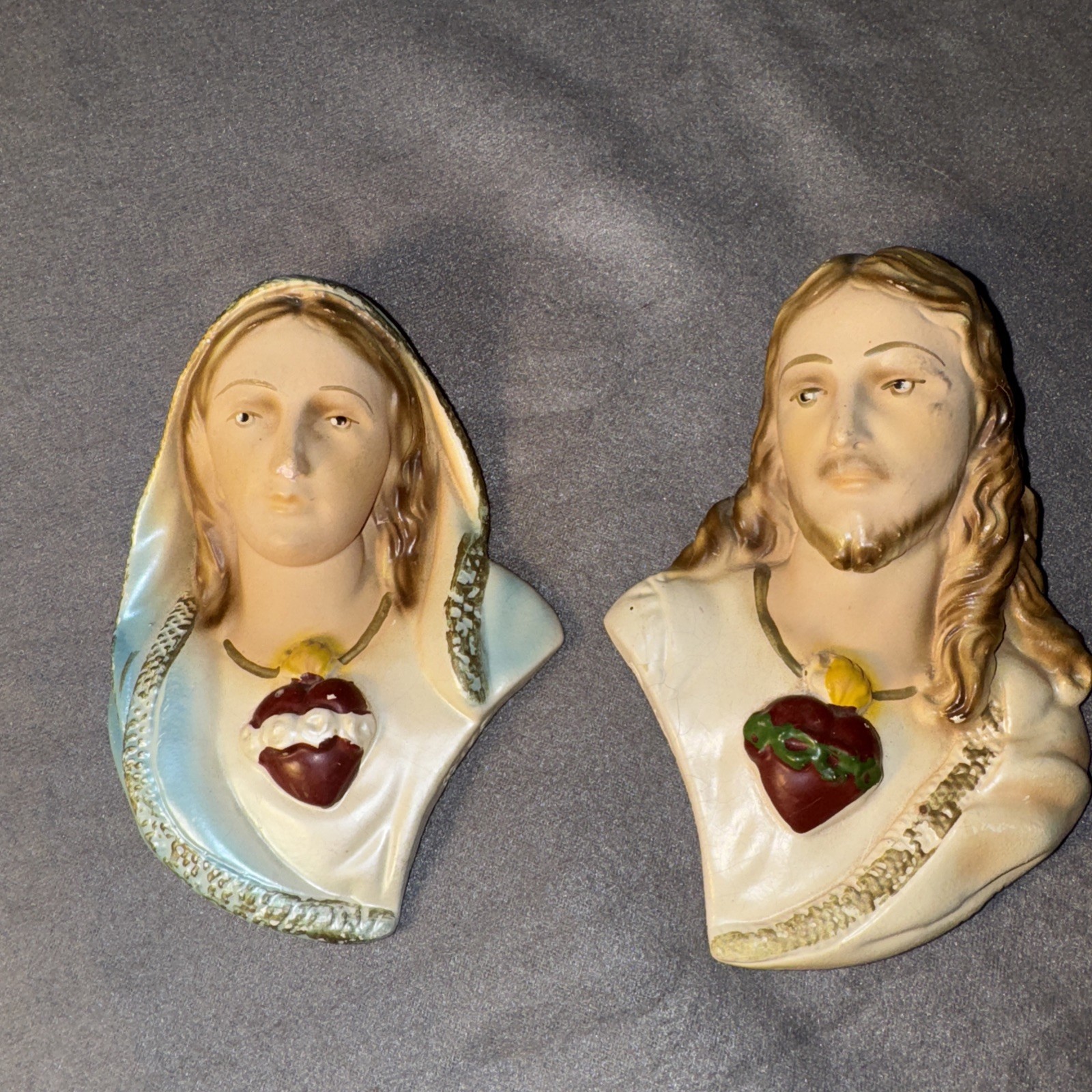 Mich Composite & Lamp. Vintage Sacred Heart Of Jesus & Immaculate Heart Of Mary