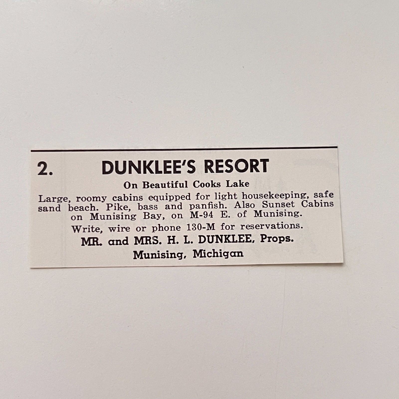 Dunklee's Resort Mr. & Mrs. H. L. Dunklee in Munising 1958 MI Ad TAK3-S6 Dunklee's Resort Mr. & Mrs. H. L. Dunklee in Munising 1958 MI Ad TAK3-S6