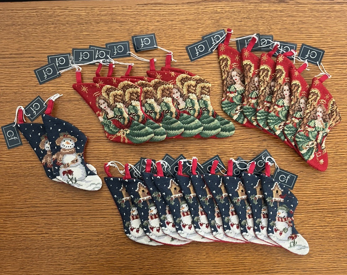 C&F Needlepoint Mini Christmas Stocking Ornaments Lot 24 NWT Kathy Orr Snowman