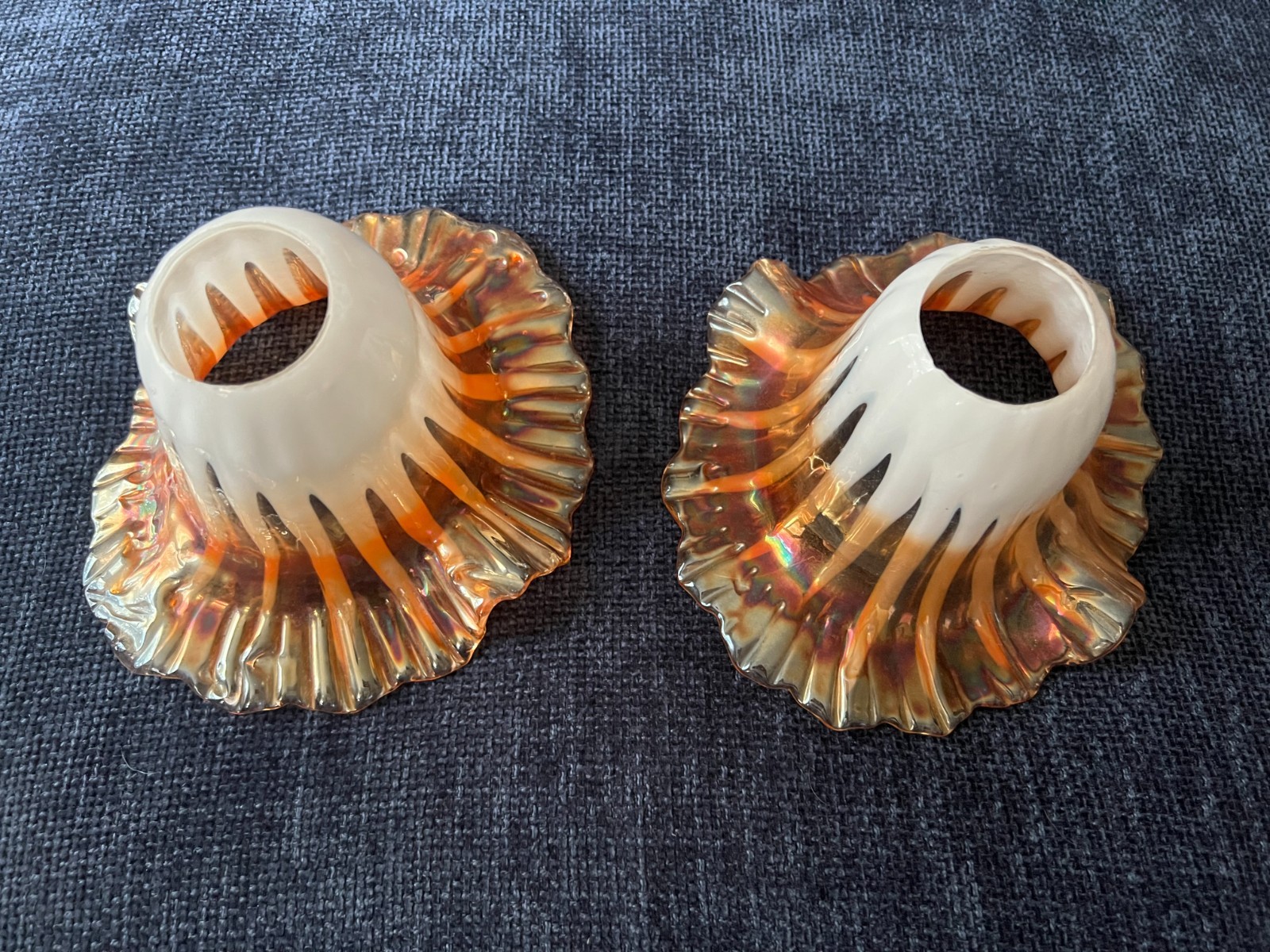 Vintage Pair of Peach Opalescent Carnival Glass Tulip Shades - Dugan or Fenton? Vintage Pair of Peach Opalescent Carnival Glass Tulip Shades - Dugan or Fenton?