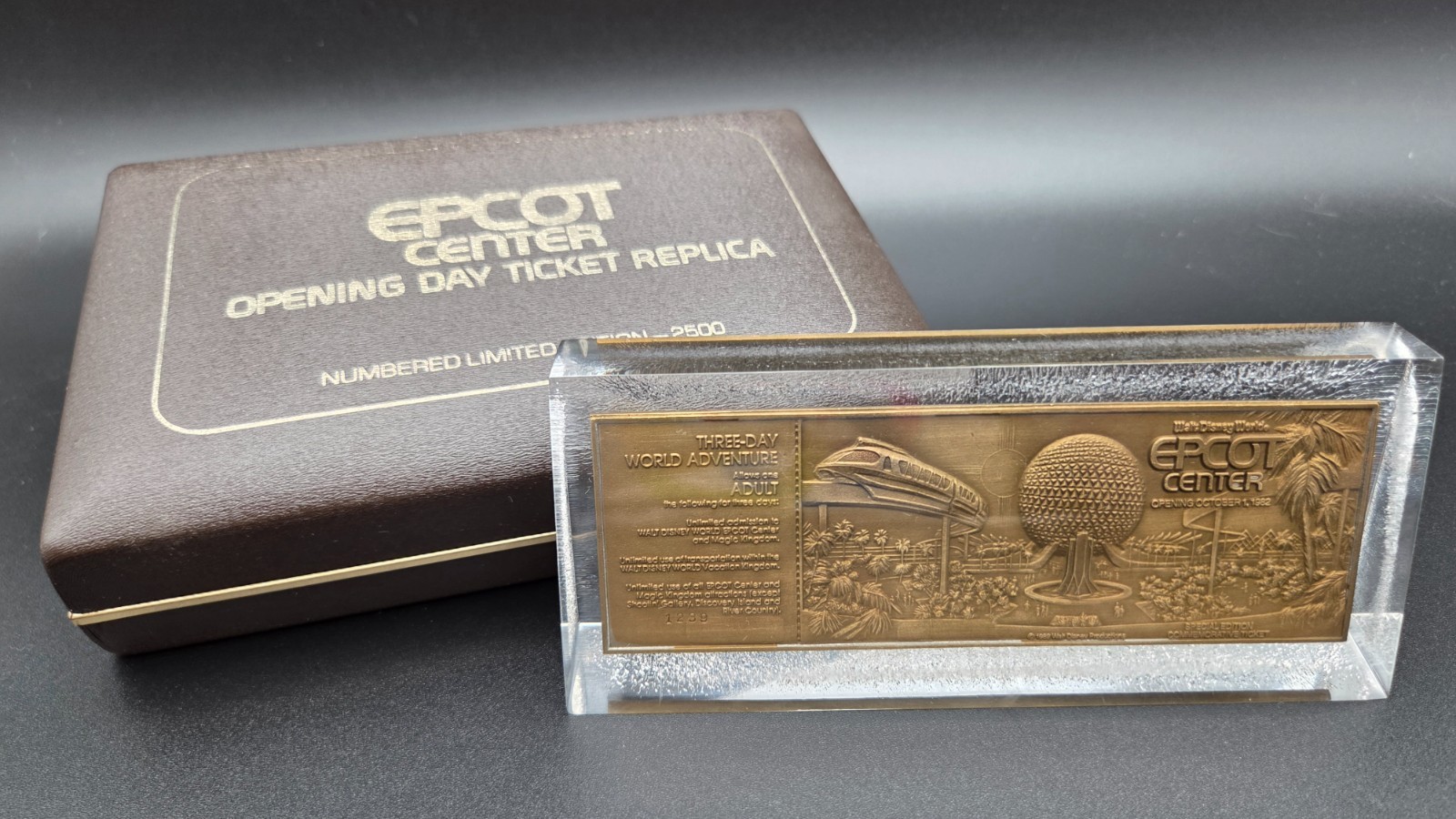 Walt Disney World EPCOT Center Opening Day Ticket Replica #1239/2500 Lucite 1982