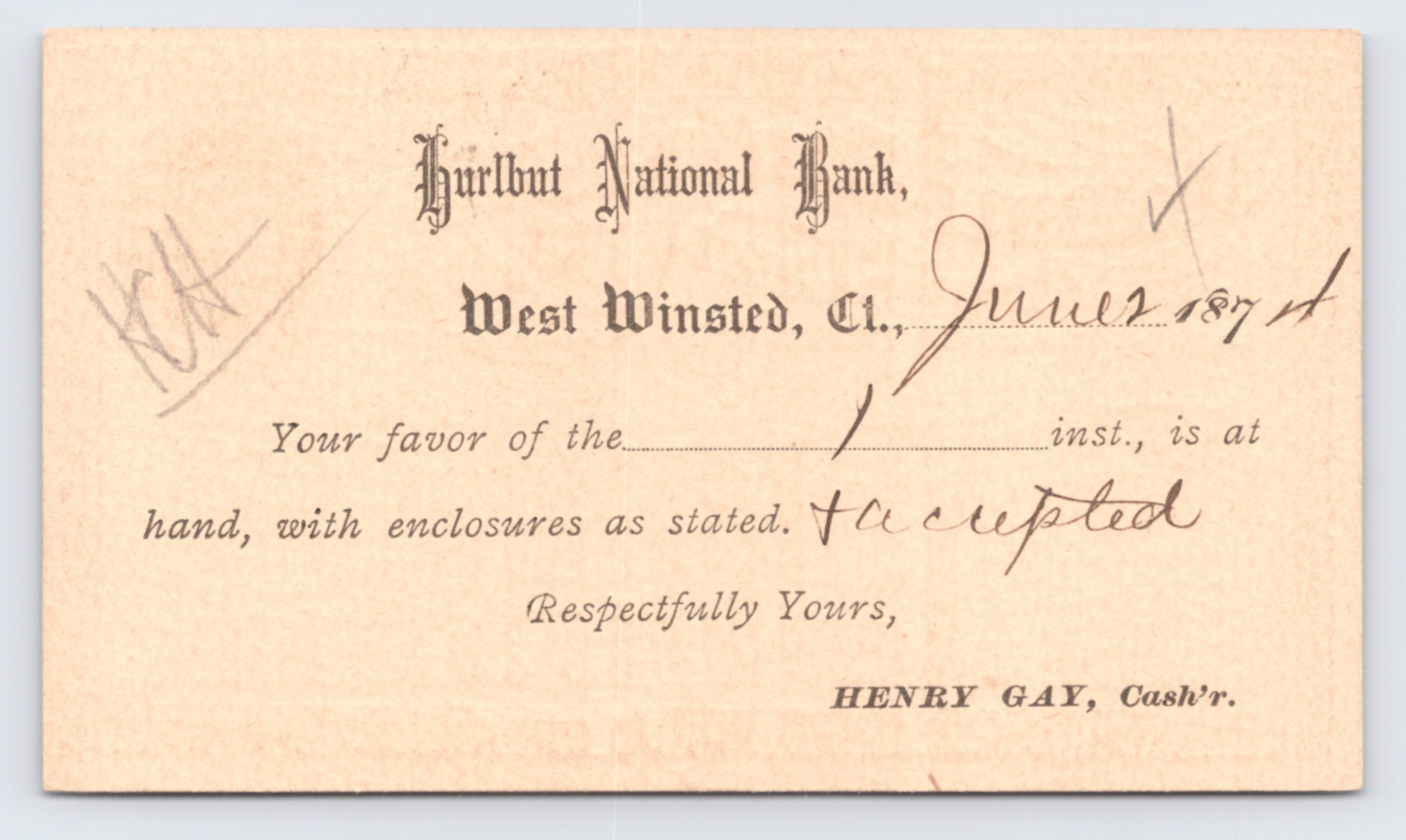 1874 Hurlbut National Bank Postal Card West Winsted CT to Newark NJ Fancy Cancel