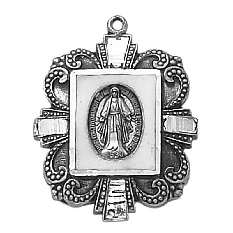 Mother Of Pearl Mary Miraculous Sterling Silver Medal- White Christian Pendant