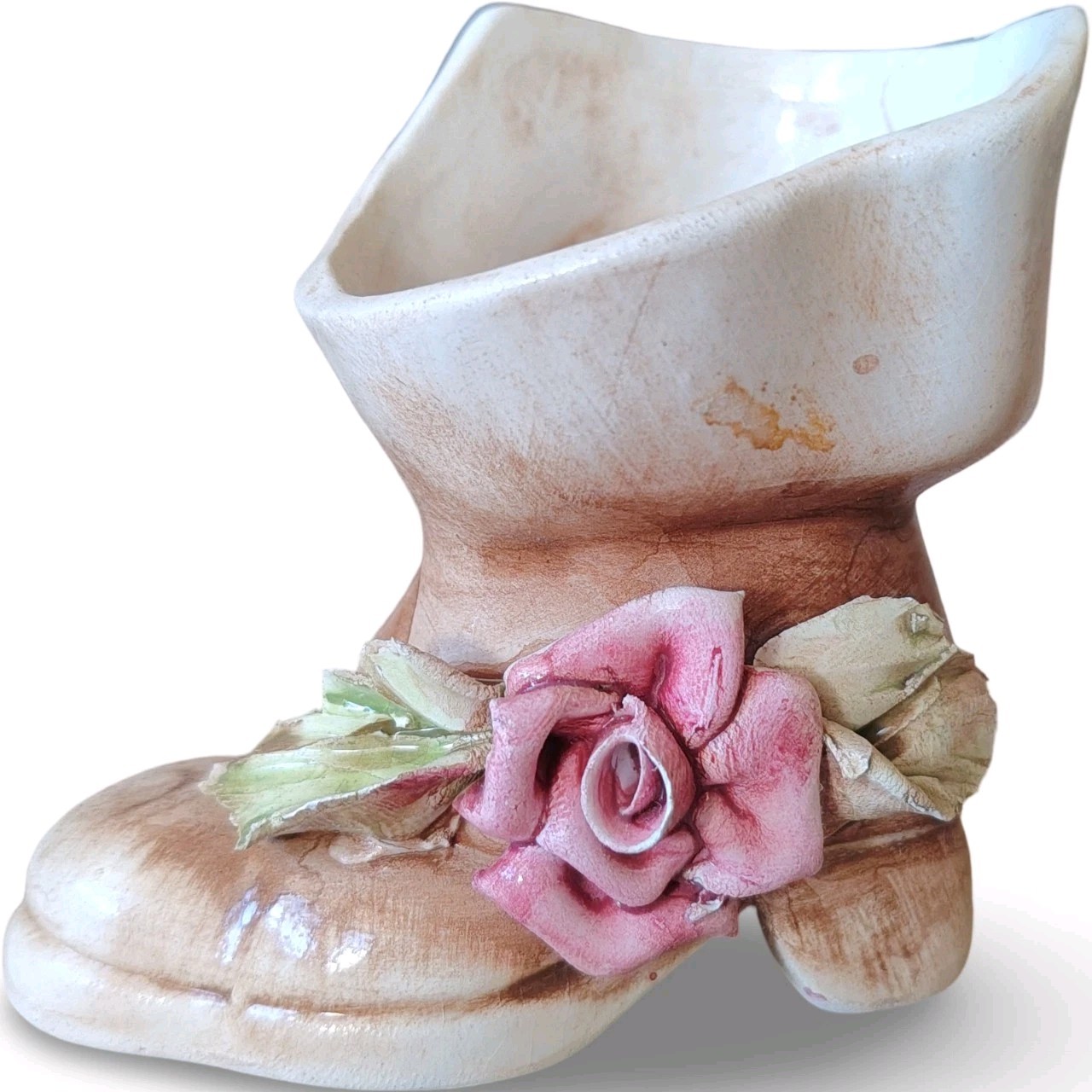 Vintage Italian Ceramic Shoe Boot Planter Figurine Pink Applied Rose Made Italy Vintage Italian Ceramic Shoe Boot Planter Figurine Pink Applied Rose Made Italy